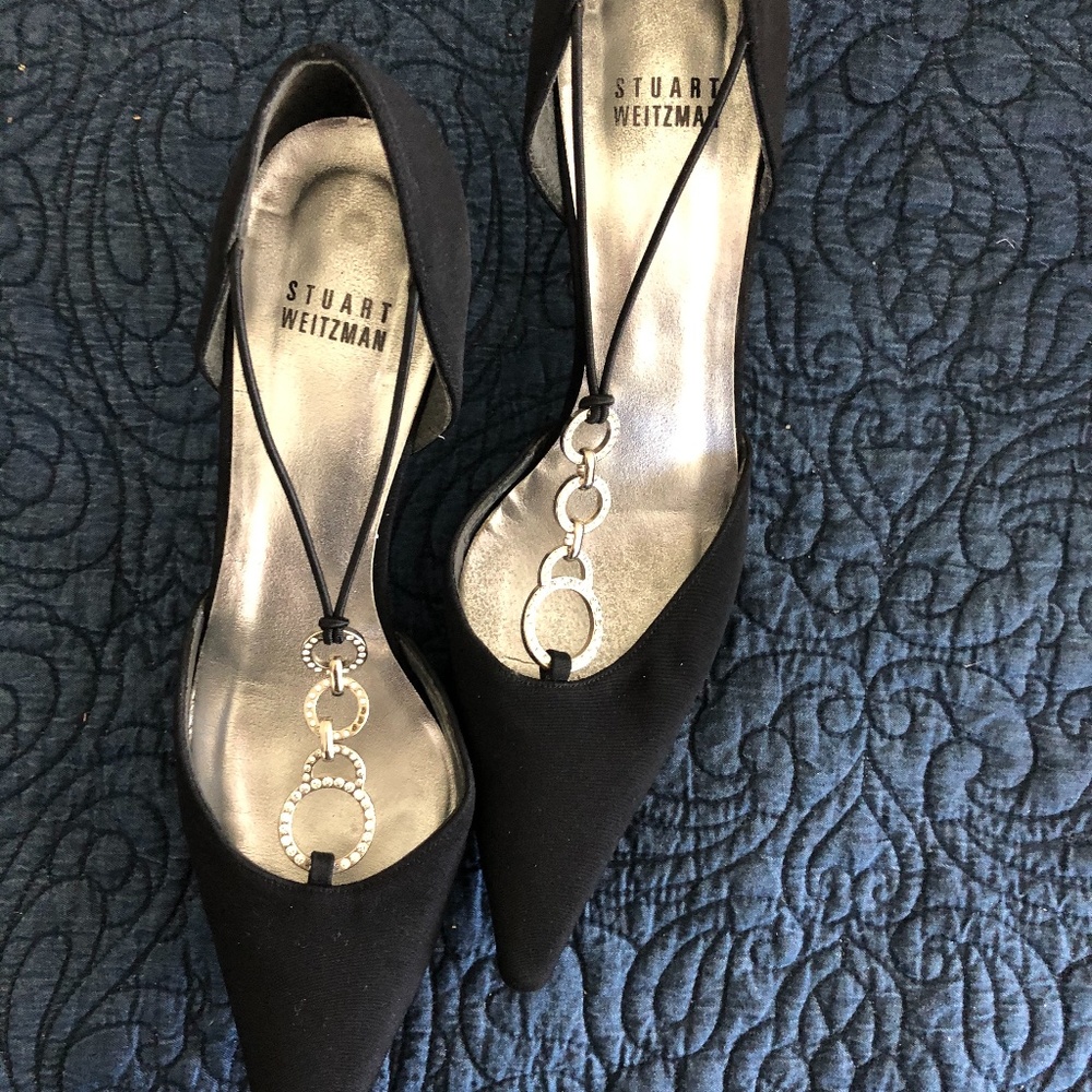 Evening heels, black silk and rhinestone.